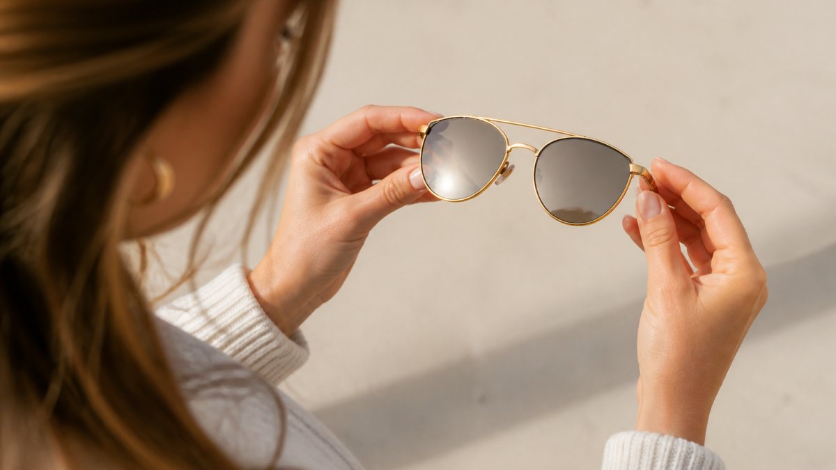 A close-up product shot of a woman holding a pair of rounded oversized sunglasses with a metal brow bar, examining the mirrored lens in natural daylight against a neutral background