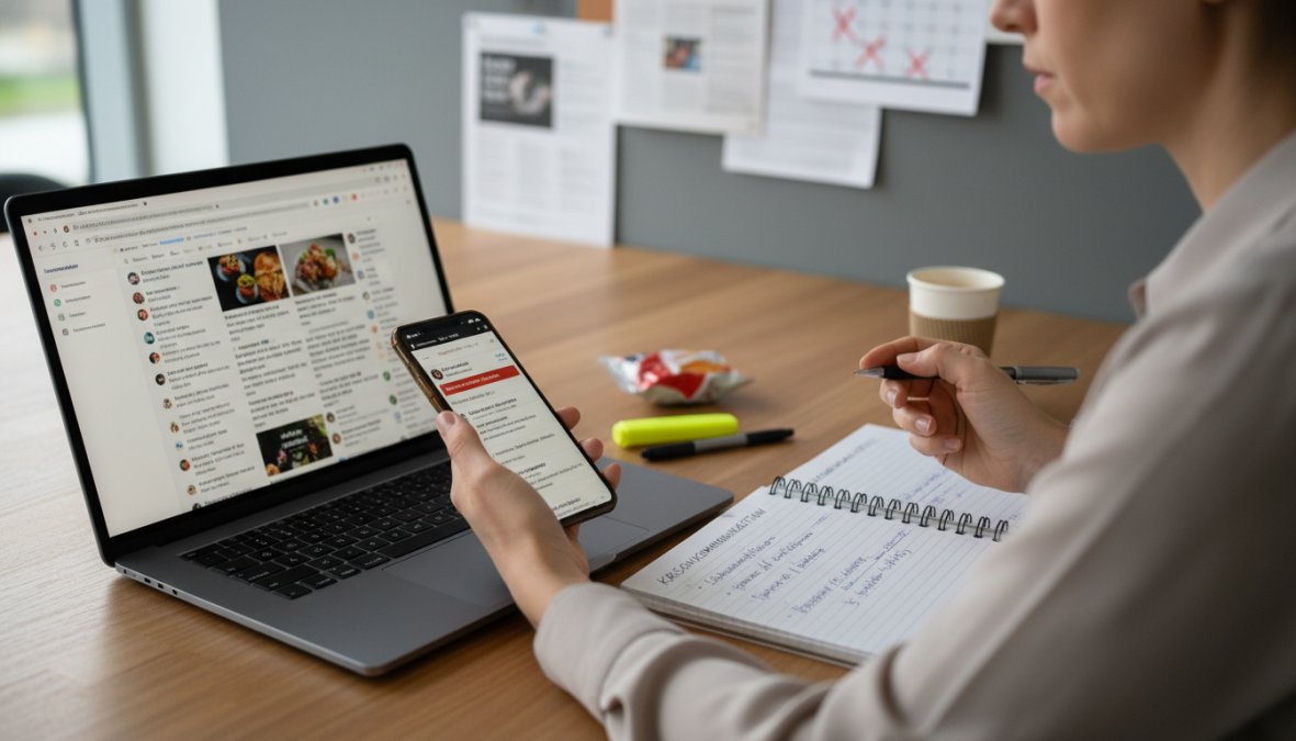 Kommunikationsmanager prüft Social Media und News für die Krisenkommunikation bei Lebensmittelrückrufen Leitfaden am PC.