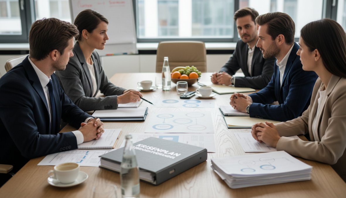 Fachleute bei der Beratung für Krisenmanagement im Lebensmittelhandel besprechen gemeinsam einen Krisenplan am Konferenzti...