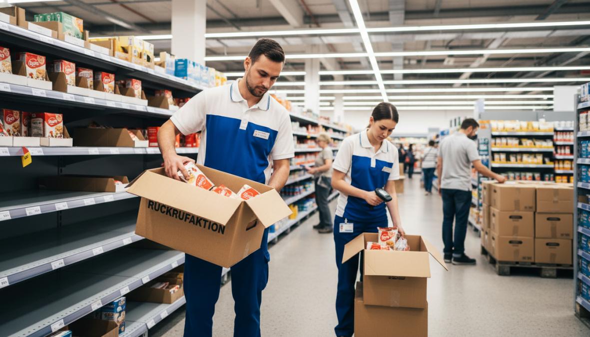 Supermarktmitarbeiter räumt Produkte für eine Beratung für Krisenmanagement im Lebensmittelhandel sorgfältig in einen Karton.