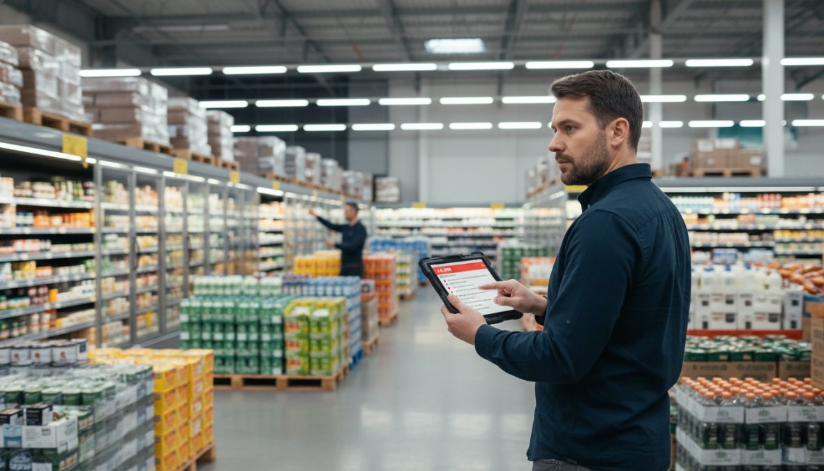 Logistikmanager nutzt Tablet mit Krisenmanagement Software für Lebensmittelhandel Vergleich in einem Supermarktlager.