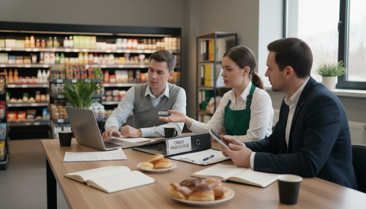 Einzelhandelsmitarbeiter prüfen einen digitalen Notfallplan am Laptop als Teil der krisenmanagement software für lebensmit...