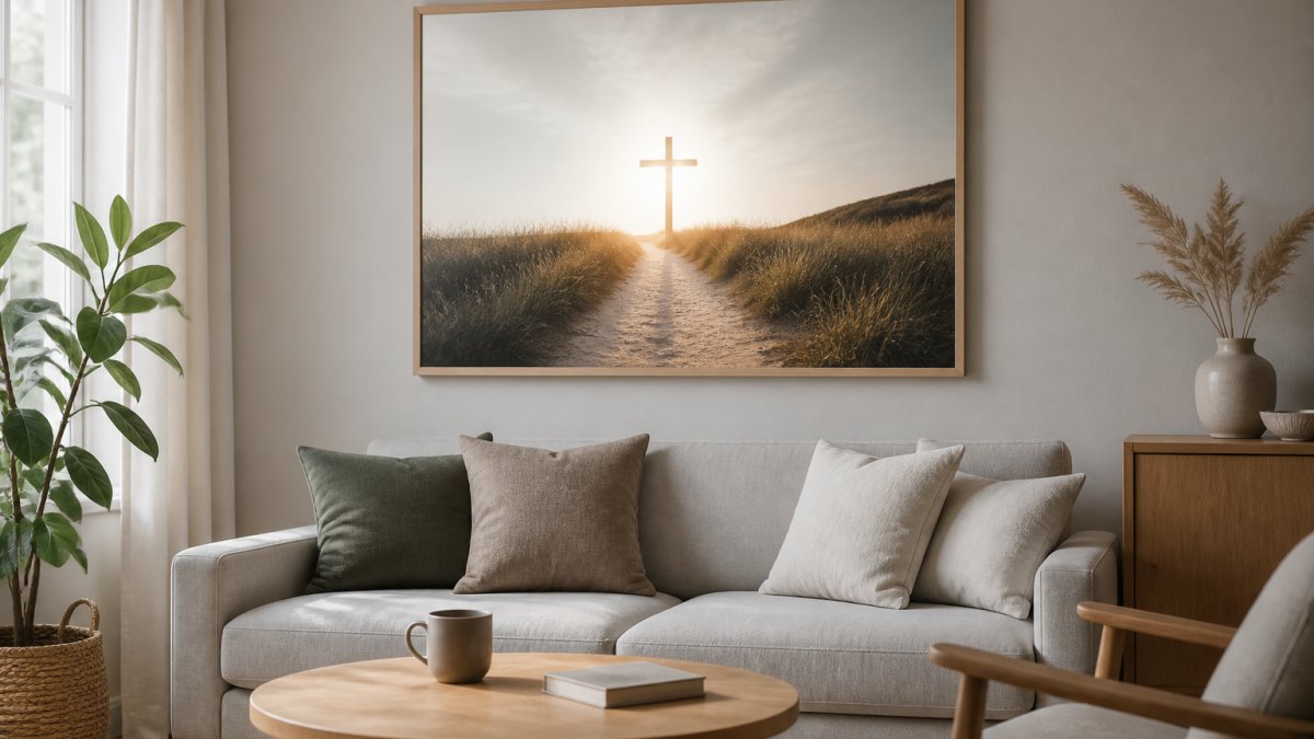 En lys og moderne norsk stue med et stort, innrammet bilde av et bibelvers på veggen over en sofa. Bildet er i en enkel, naturlig ramme som passer til den skandinaviske stilen. En kopp kaffe står på et lite bord foran.