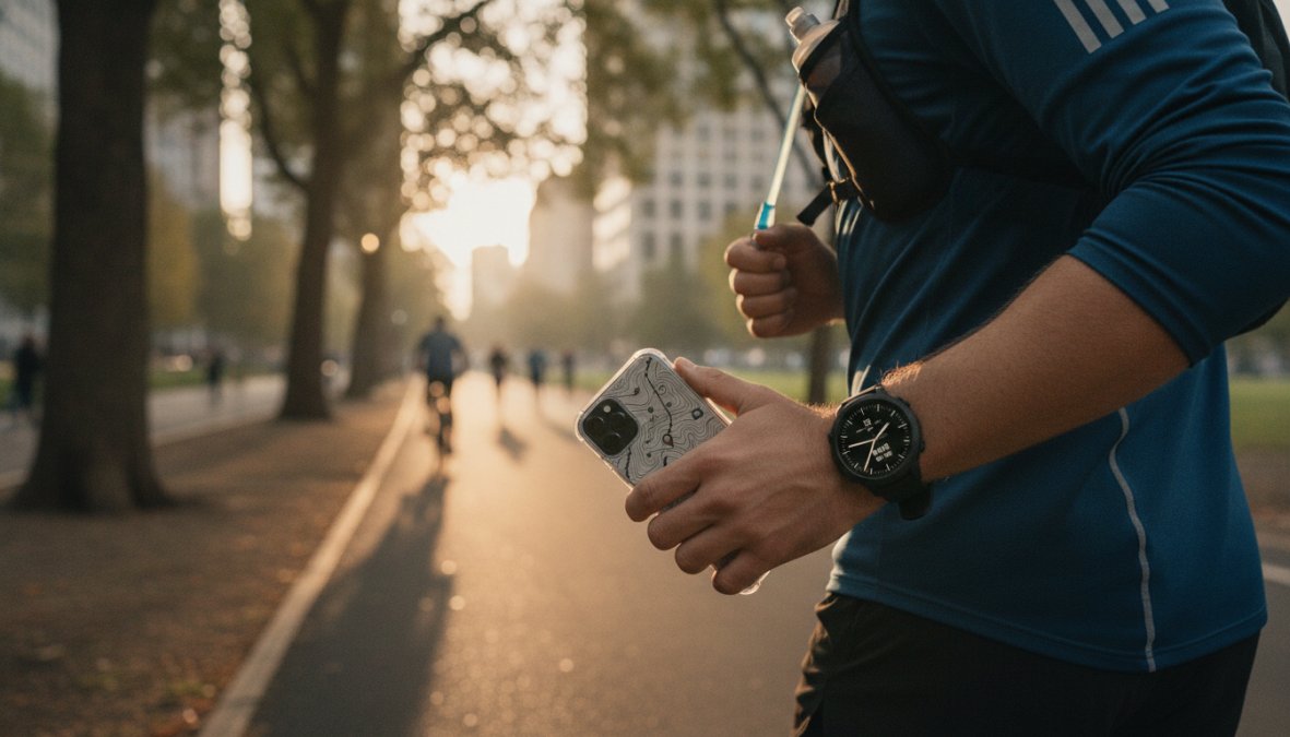 Άνδρας που τρέχει σε αστικό περιβάλλον με smartwatch στον καρπό και smartphone στο χέρι που εμφανίζει χάρτη GPS και στατιστικά δρομολογίου, φωτισμός πρωινής ώρας, σύγχρονη πόλη