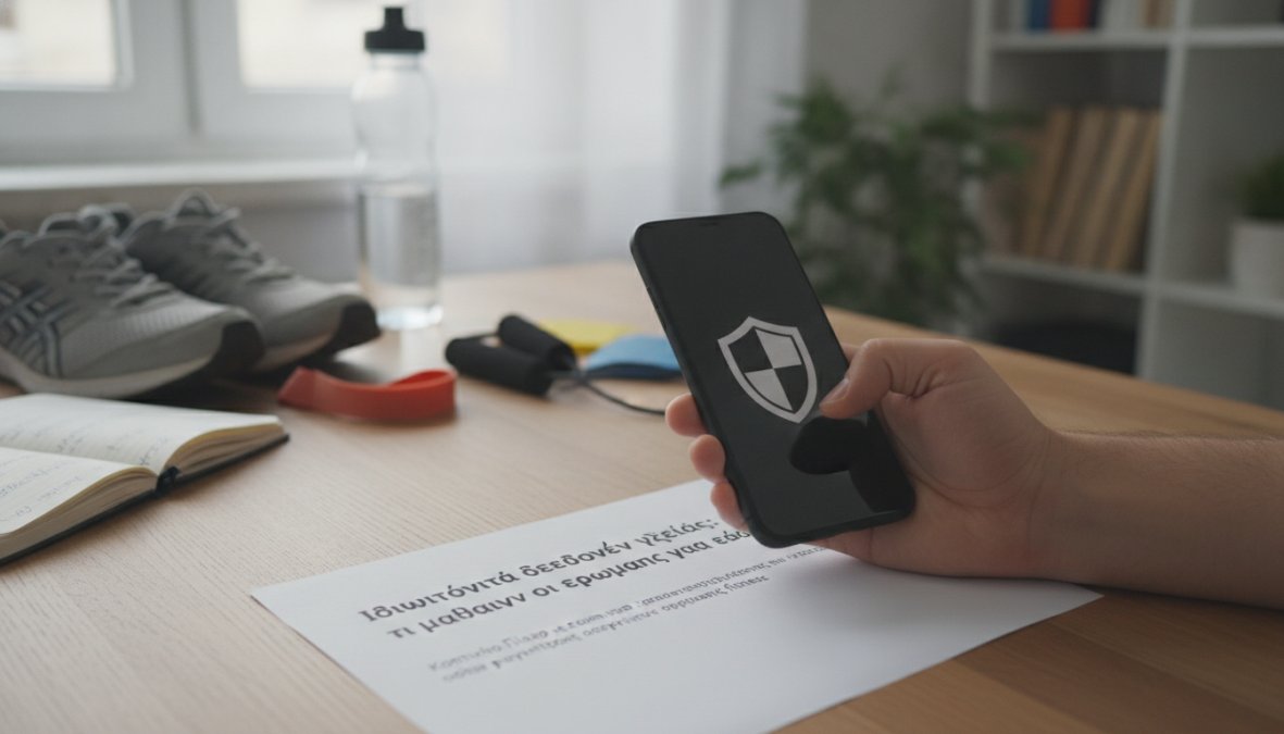 Κοντινό πλάνο χεριών που κρατούν smartphone με οθόνη ρυθμίσεων απορρήτου εφαρμογής fitness, θολό φόντο σύγχρονου γραφείου, φυσικό φωτισμός από παράθυρο