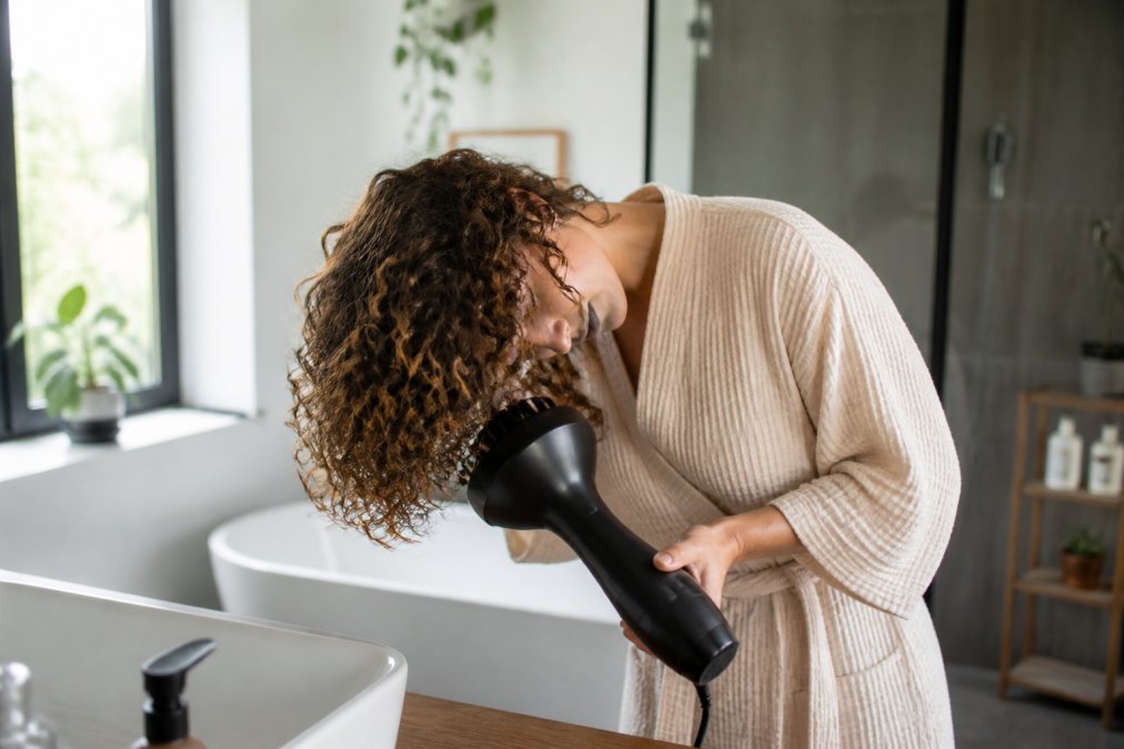 Een vrouw met krullend haar dat zij voorzichtig met een diffuser droogt, hoofd licht voorovergebogen zodat de krullen hun natuurlijke veerkracht tonen, badkamer met zacht natuurlijk licht