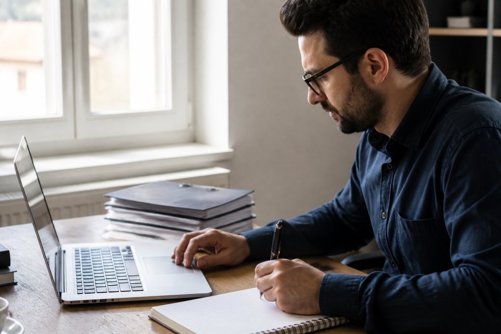 Nahaufnahme einer Person, die auf einem Laptop arbeitet und Krypto-Transaktionsdaten auf mehreren Bildschirmen analysiert, mit Notizbuch und Stift auf dem Schreibtisch, helles Bürolicht