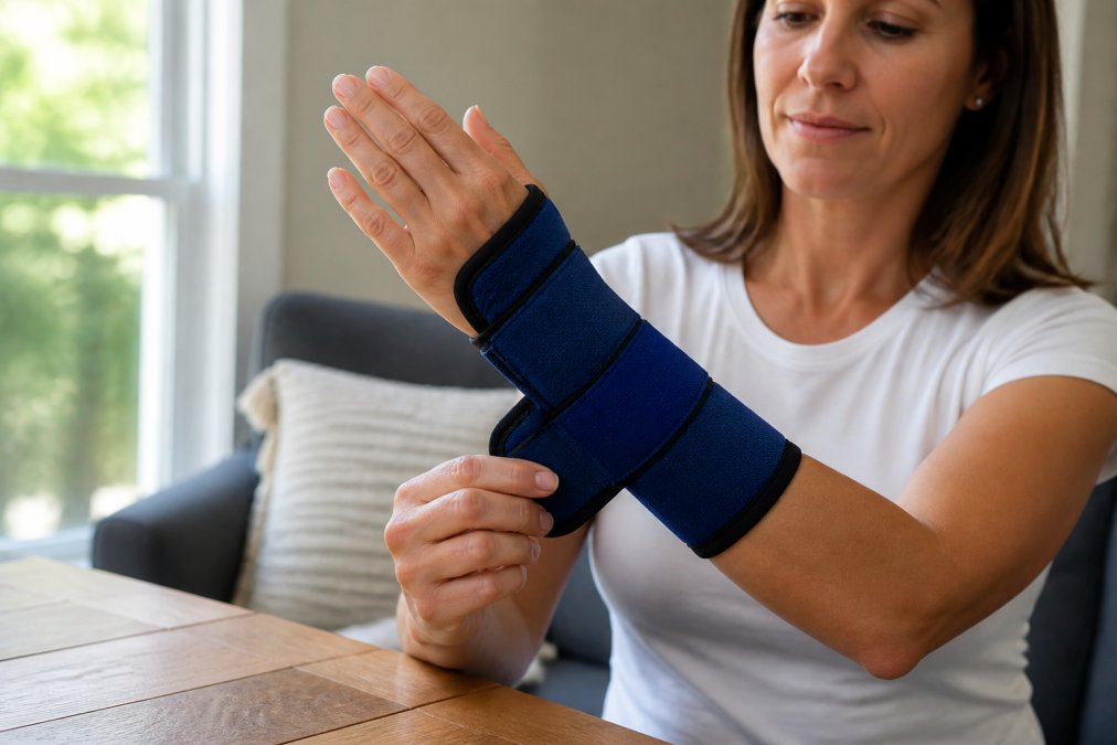 Person securing a blue cold compression sleeve on their wrist as a kt tape alternative for swelling relief