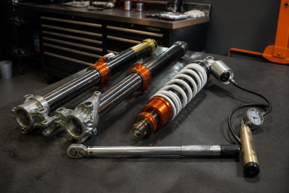 Enduro voorvork en achterschokdemper op een werkbank met gereedschap voor onderhoud in een motorwerkplaats.