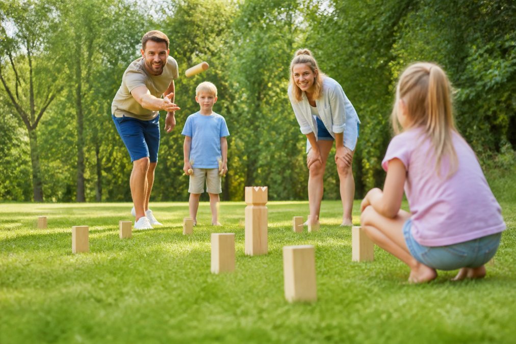 Vrolijk gezin speelt samen een kubb spel op een groen grasveld tijdens een zonnige zomerdag in het park.