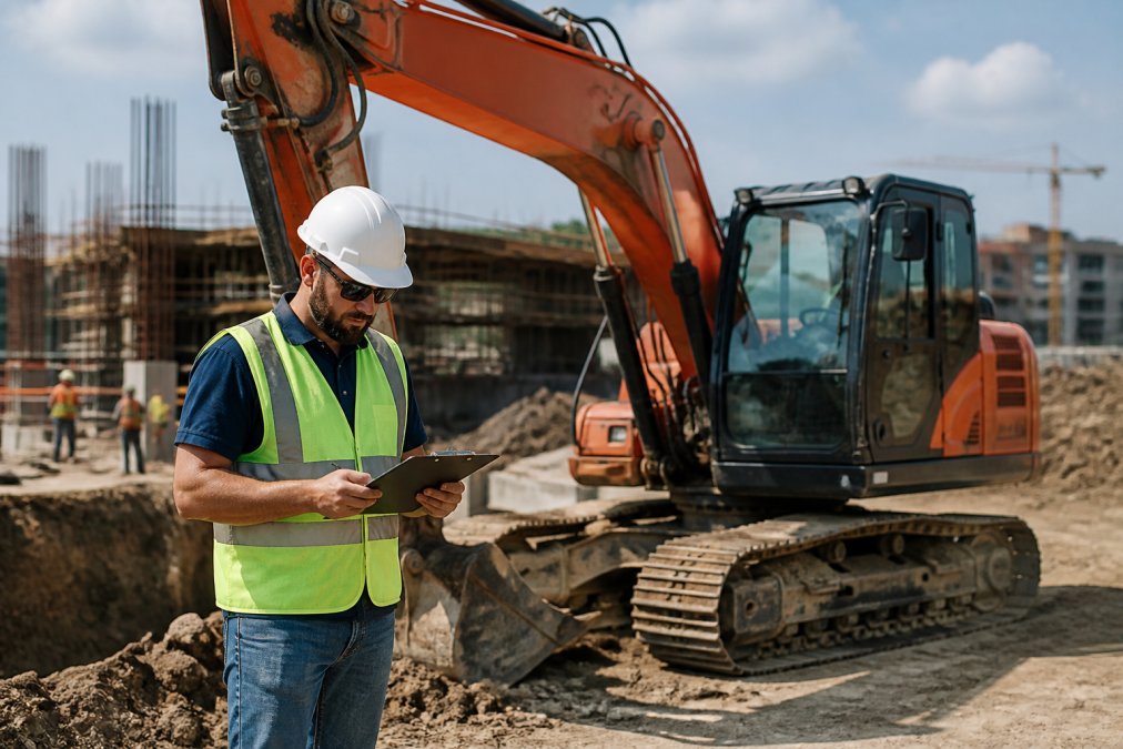 A construction site supervisor in a hard hat standing next to a Kubota excavator, reviewing paperwork on a clipboard with the machine in focus behind him