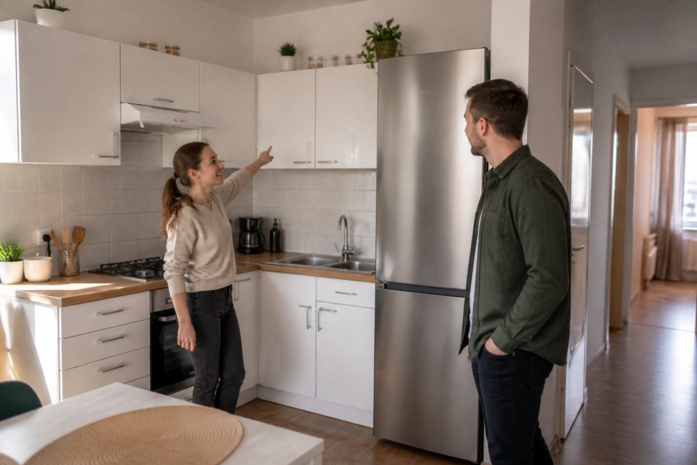 Sériový nábytek v&nbsp;moderní kuchyni v&nbsp;malém bytě jako ukázka tématu kuchyně na&nbsp;míru vs sériový při využití standardních modulů.