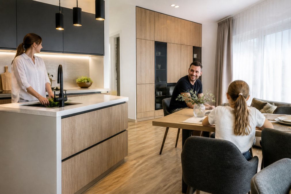 Moderní kuchyně Senosan v malém bytě s otevřeným prostorem a chytrým využitím úložných ploch pro elegantní design.