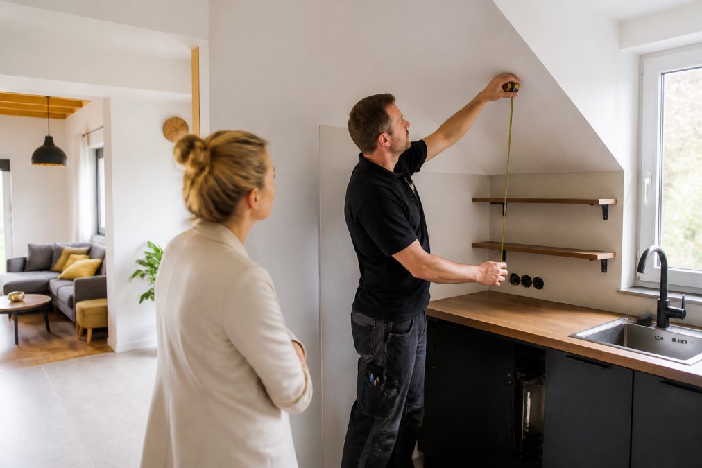 Designér měří prostor pro novou kuchyňskou linku na míru v interiéru s atypickými stěnami a denním světlem.