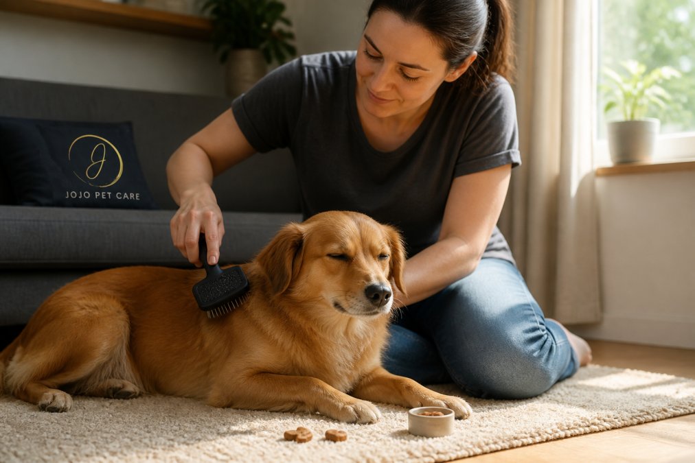 A person sitting on a living room floor gently brushing a calm medium-sized dog with a soft brush, dog relaxed with eyes half closed, treats visible nearby on the floor, warm natural light from a window