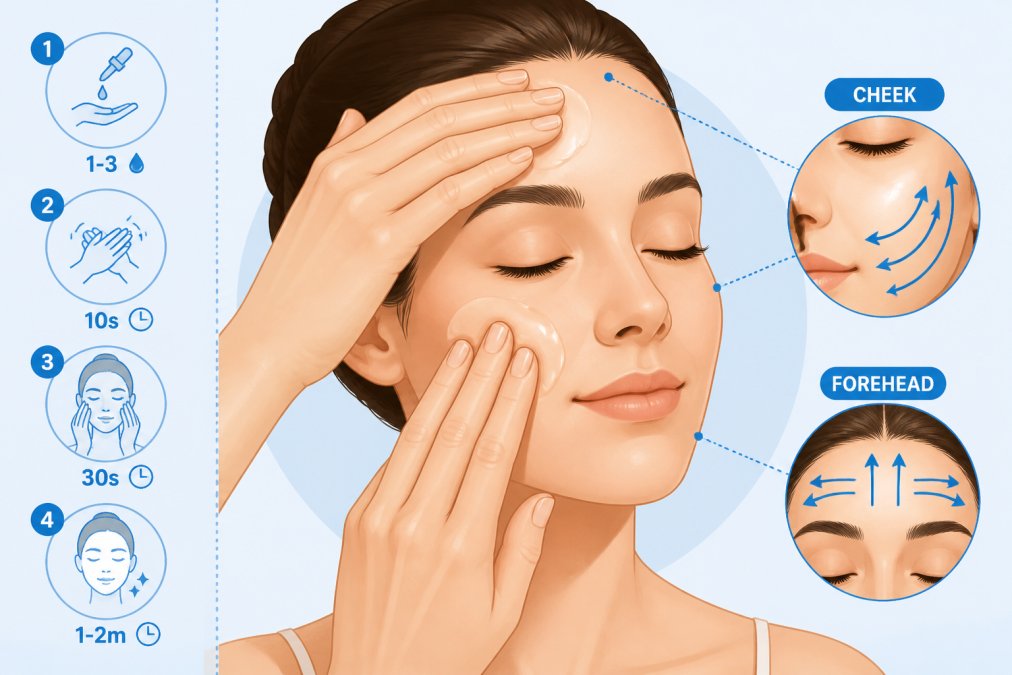 Close-up of hands applying clear oil to facial skin, showing proper massage technique on cheek and forehead area with gentle upward strokes