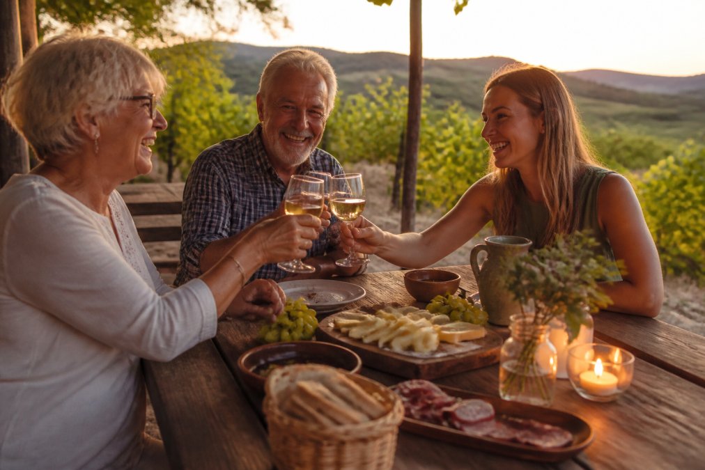 Romanticky prestretý drevený stôl v tradičnej vinárni vo Waldvierteli, svit sviečok, poháre na mušt a regionálne jedlá ako syr a chlieb, obklopené vinicami a večerným svetlom