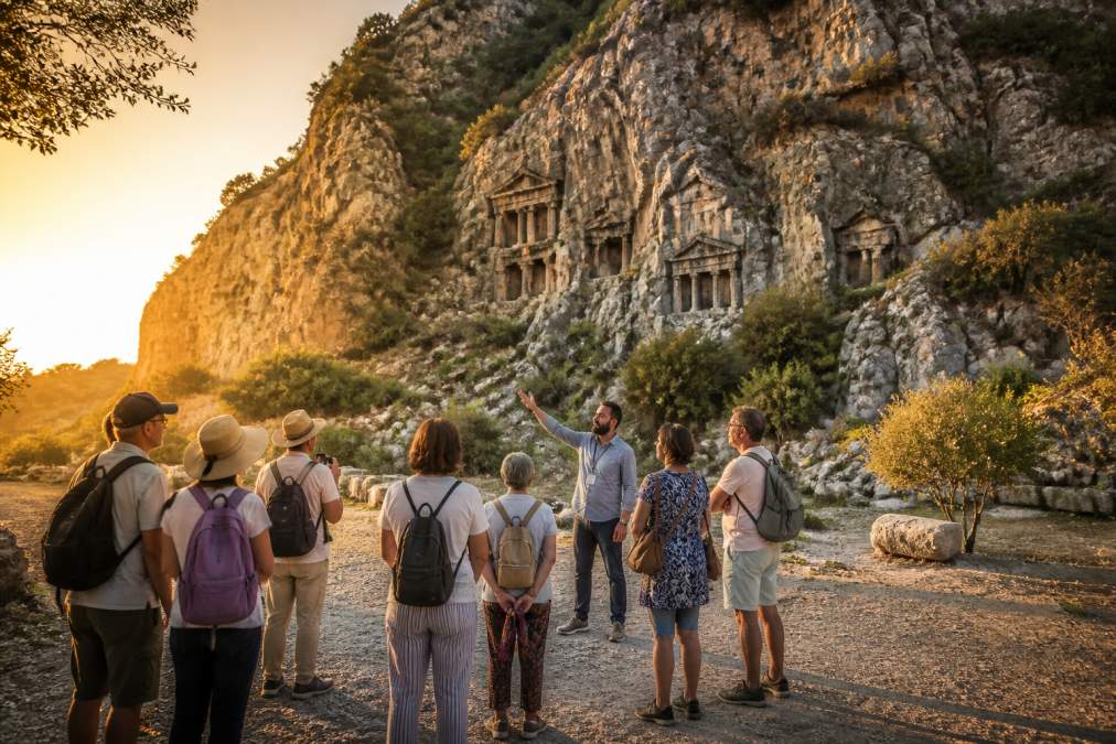 Turist grubu, Fethiye'nin antik Likya mezarlarının önünde rehber eşliğinde tarihi kalıntıları inceliyor, altın renginde akşam güneşi eski taş yapılara vurmuş durumda