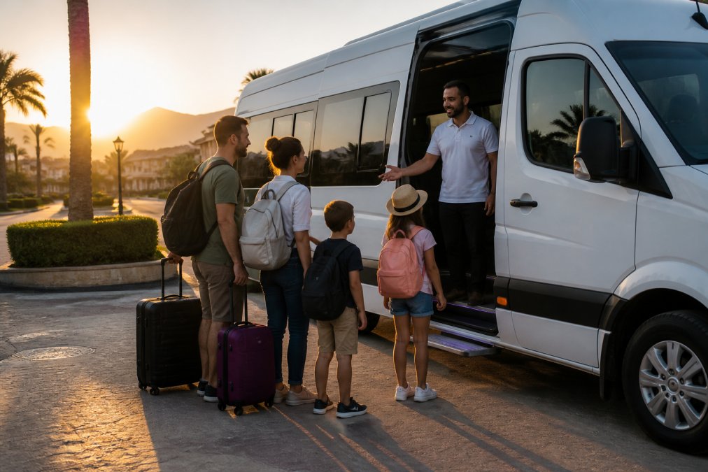 Aile dört kişi, Fethiye oteline gelen tur minibüsünün yanında duruyor, sabah erken saatlerde güneş yeni doğmuş durumda, minibüsün kapısı açık ve rehber selamlamaya hazır