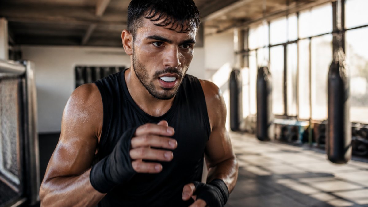 Atleet tijdens intensieve training met gebitsbeschermer, duidelijk zichtbaar door neusgaten ademend terwijl hij gefocust zijn bewegingen uitvoert in een moderne trainingshal met warm licht