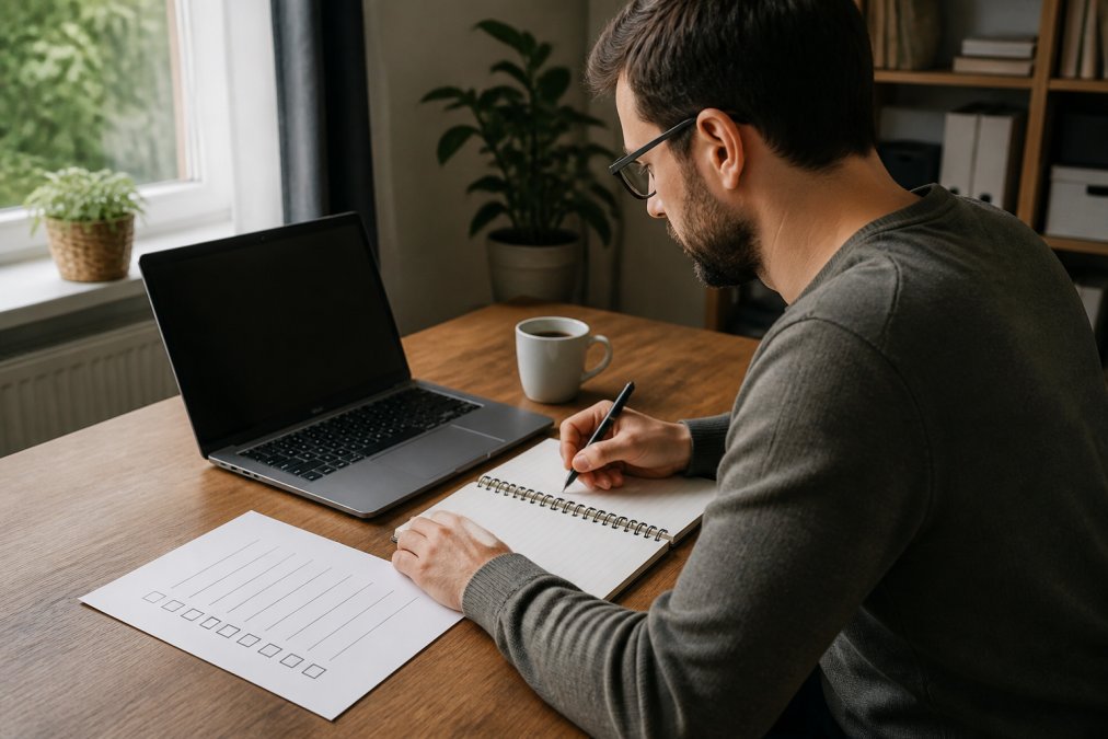 Iemand zittend aan een bureau met laptop, notities en een checklist op papier, voert WordPress-onderhoudstaken uit met koffie op de achtergrond