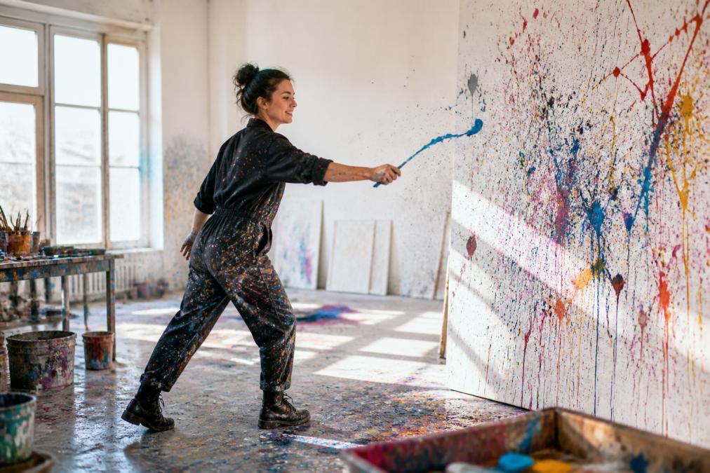 Eine Person steht allein vor einer großen Leinwand in einem hellen, ruhigen Atelier und schleudert bunte Farbe mit entspanntem Lächeln auf die Leinwand, bunte Farbspritzer sind ringsherum sichtbar, warmes natürliches Licht fällt durch große Fenster