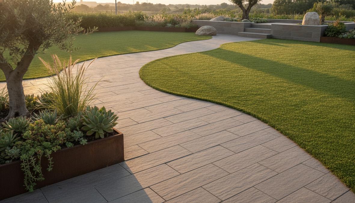 A well-maintained residential garden photographed at eye level, featuring alternating zones of bright green artificial grass and wide-format ceramic tile pathways lined with low ornamental grasses and ground cover plants, under warm afternoon sunlight