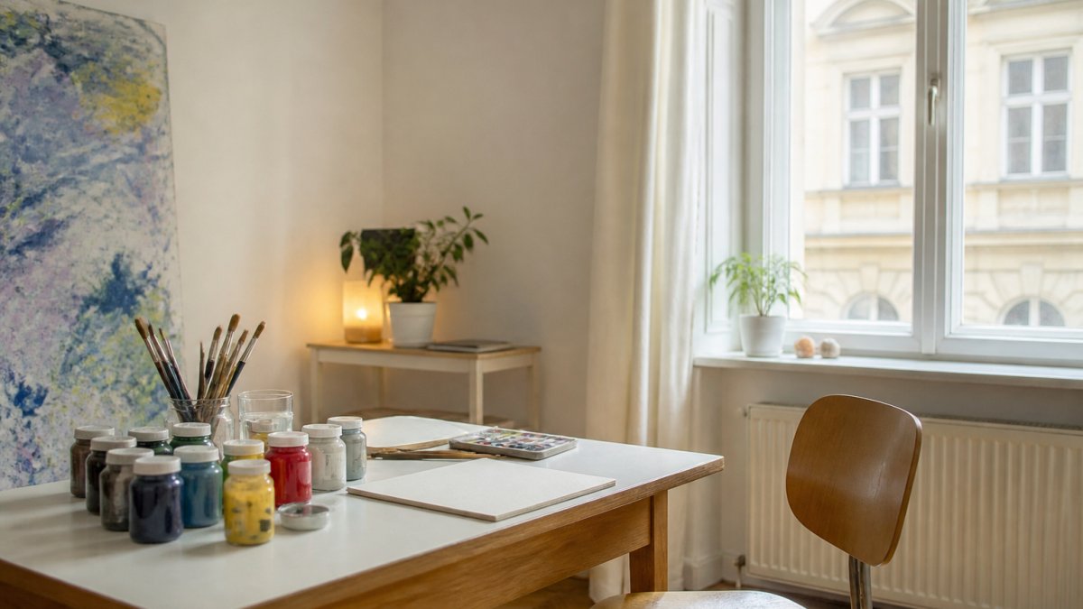 A calm, private therapy room in Vienna with a small table, paint jars, brushes, paper and a single chair by a window, soft daylight, no people