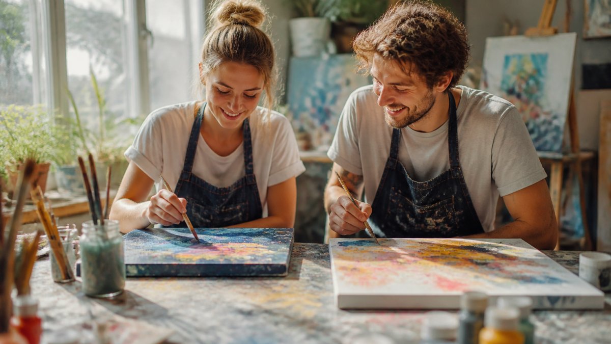 Zwei Personen beim konzentrierten Malen im hellen Atelier während sie die Kosten für einen Kunstworkshop für zwei Personen