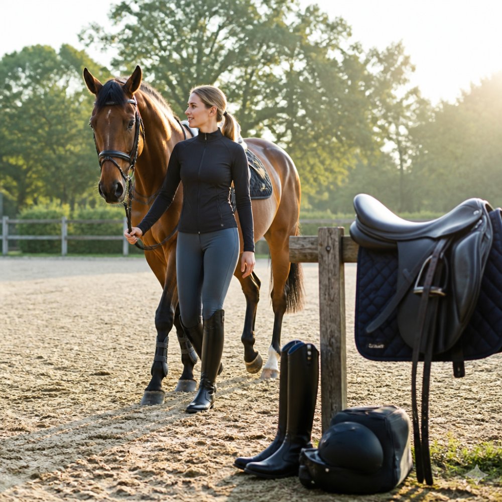 Reiterin in eleganter Reitbekleidung führt ihr Pferd auf einem sonnigen Reitplatz mit hochwertiger Ausrüstung