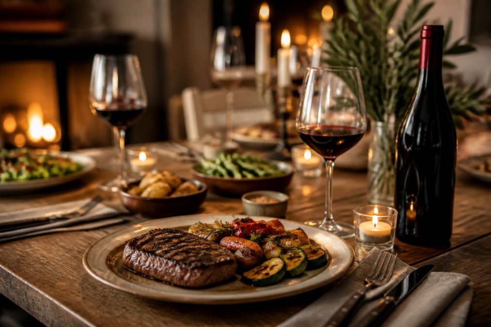 Dukat middagsbord med vinglas, en flaska rött vin och en tallrik med grillat kött och grönsaker i hemtrevlig miljö