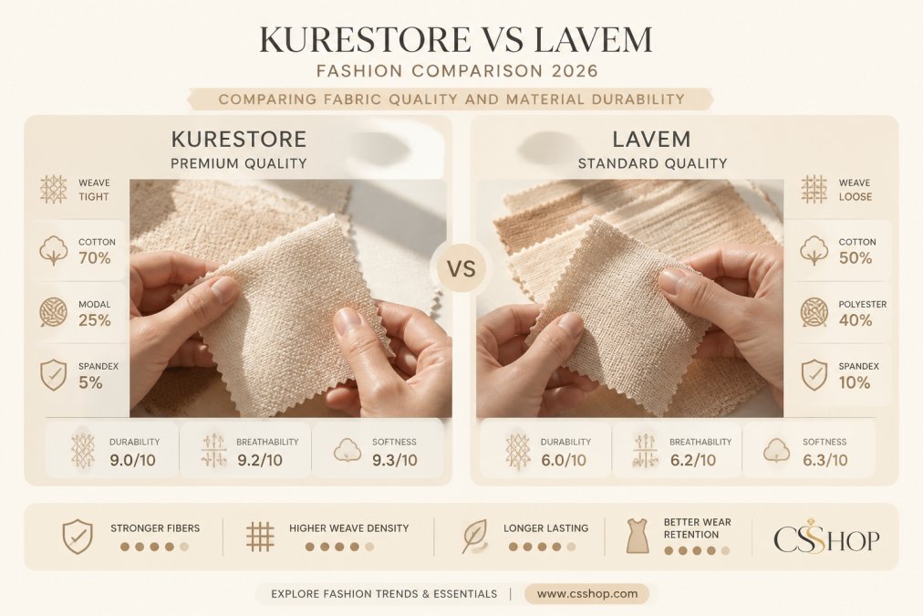Close-up of hands examining and comparing the texture, weave, and fiber composition of different fabric swatches from clothing materials laid side by side on a neutral surface with natural window lighting