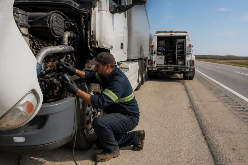 A mobile diesel mechanic in work clothes kneeling beside a semi-truck on the shoulder of a rural interstate, using a diagnostic tablet connected to the truck's engine bay, with a fully equipped service truck parked behind