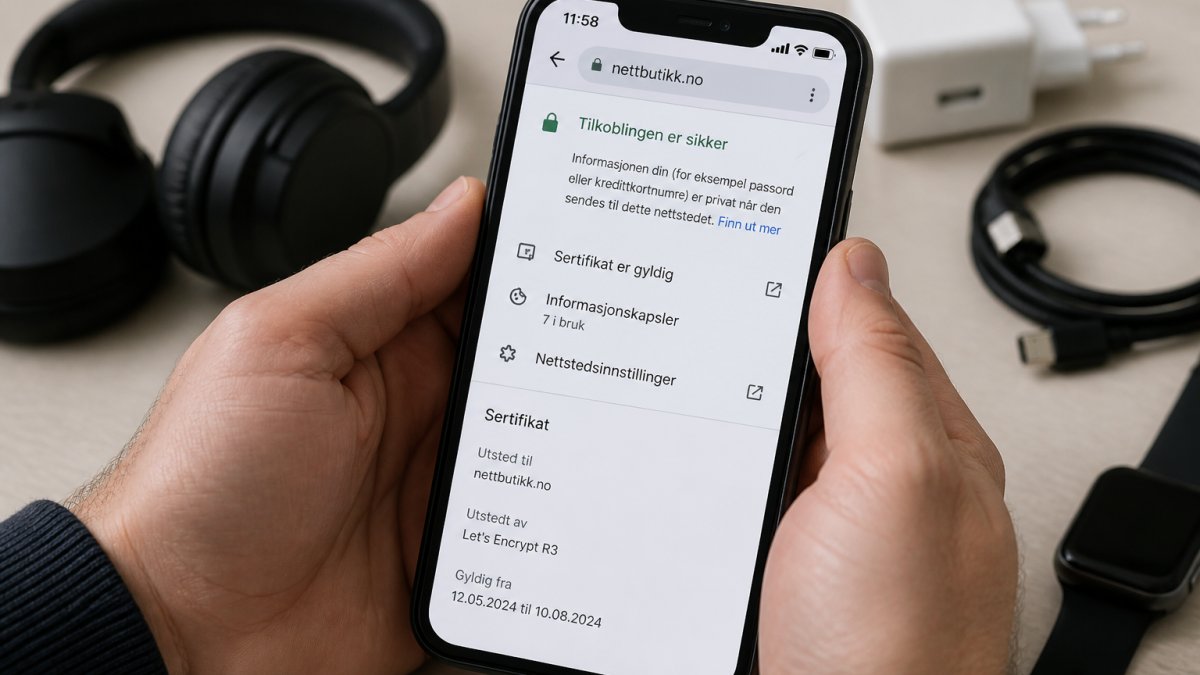 Hender som holder en smarttelefon med sikker nettside, hengelåsikon og SSL-sertifikat synlig i nettleseren