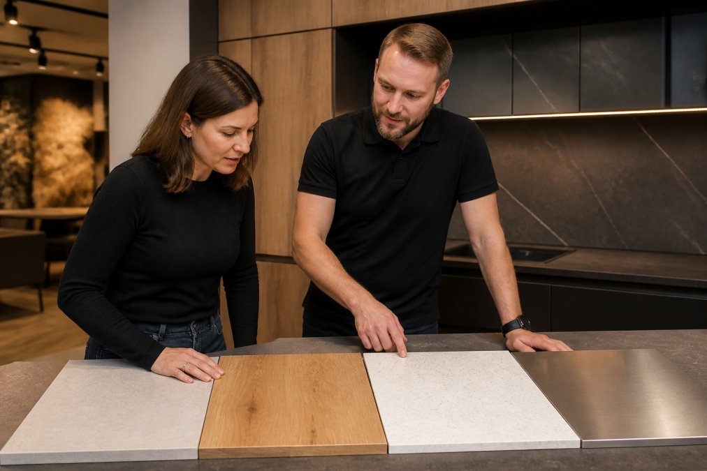 Detailní záběr na&nbsp;kvalitní materiály pro&nbsp;kuchyňské linky, jako je laminát, masivní dřevo, umělý kámen a&nbsp;nerezová ocel.