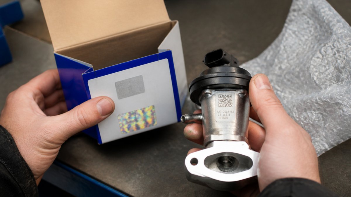 Close-up van handen die een auto-onderdeel onderzoeken met duidelijk zichtbare verpakking, hologram en serienummer onder natuurlijk licht