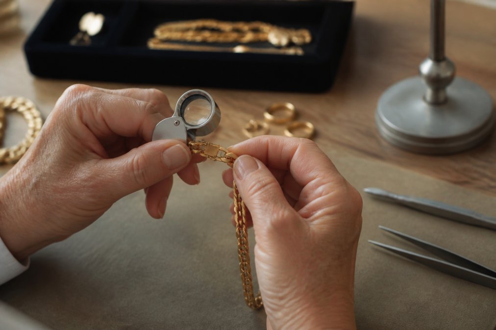 Handen inspecteren de afwerking en sluiting bij kwalitatieve sieraden herkennen aan de hand van details.