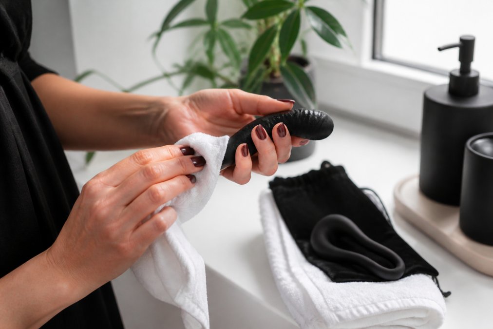 Handen die voorzichtig een luxe product schoonmaken met een zachte doek en reinigingsmiddelen op een minimalistisch badkamerraam, met natuurlijk daglicht