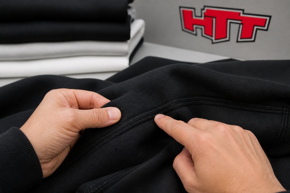 Close-up of double-stitched seams on a garment, with the precise stitching and sturdy finish clearly visible against a neutral background