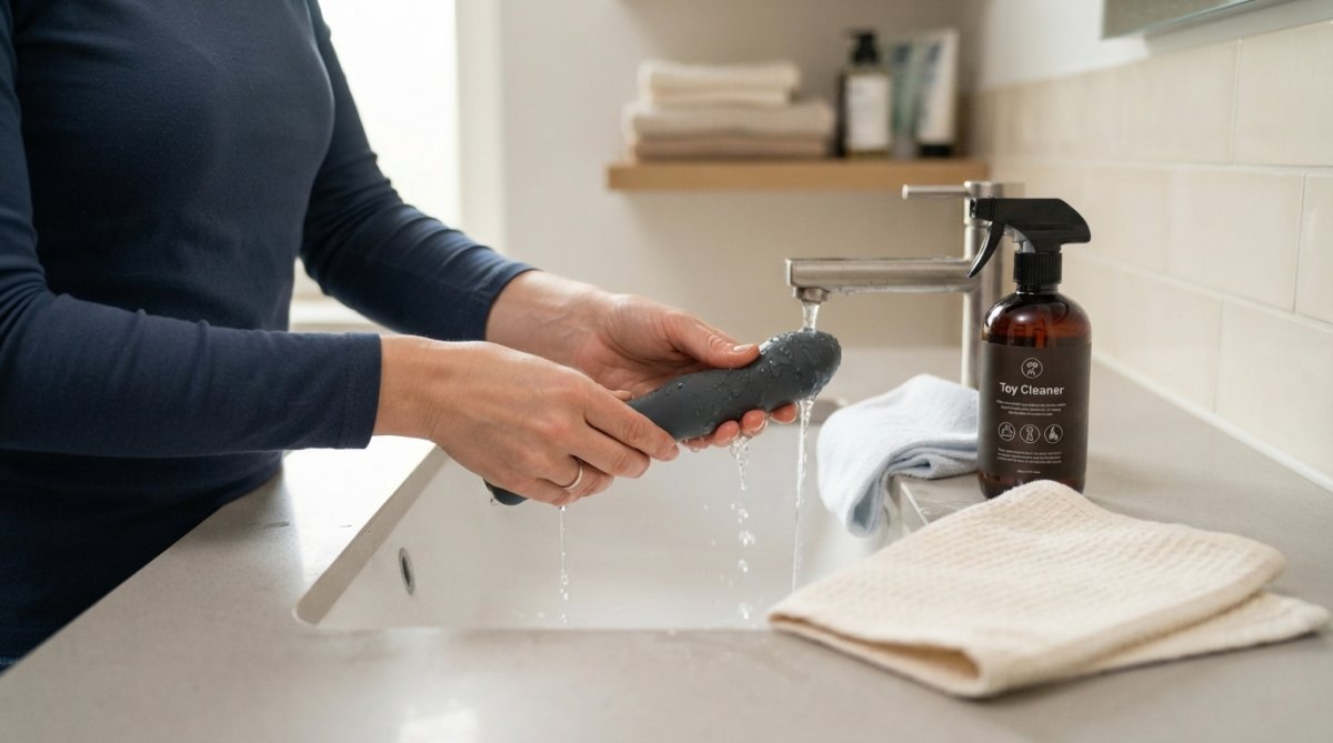 Handen die voorzichtig een seksspeeltje reinigen onder warm water, met reinigingsspray, zachte doek en handdoek duidelijk zichtbaar op een schoon oppervlak
