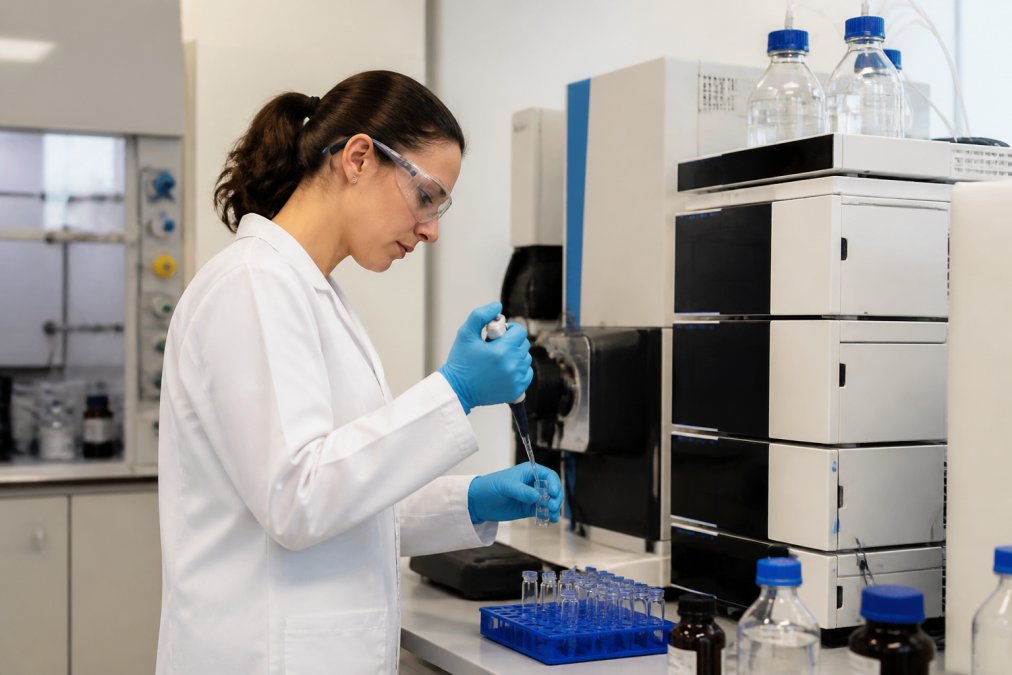Onderzoeker in laboratorium die een peptidemonster voorbereidt voor HPLC-analyse, met geavanceerde testapparatuur en computermonitoren op de achtergrond in moderne onderzoeksomgeving
