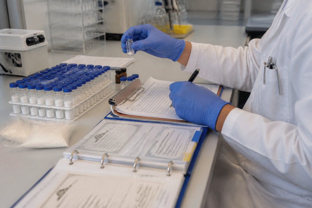 Laboratoriummedewerker die peptidebatches inspecteert en documenteert met controlelijst en certificaten op werkblad in georganiseerde laboratoriumomgeving