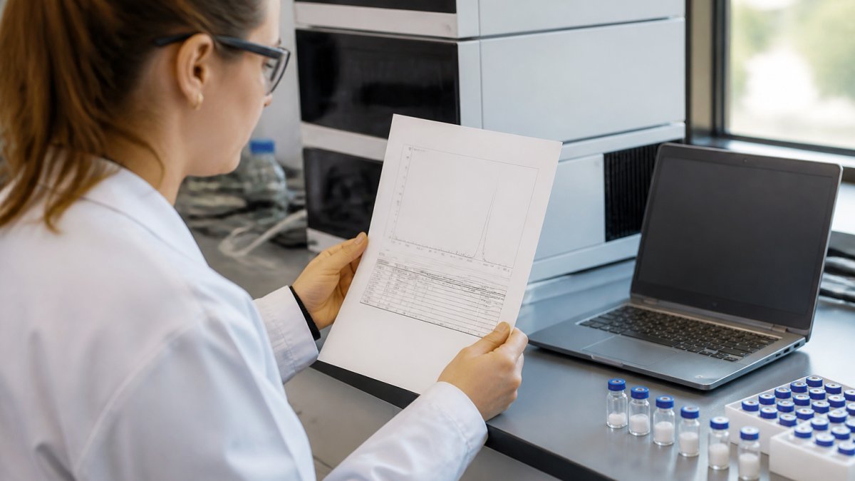 Onderzoeker houdt een uitgeprinte HPLC-chromatogramrapport vast aan een laboratoriumbank met een laptop en peptidebronzen in het achtergrond, natuurlijke laboratoriumulighting