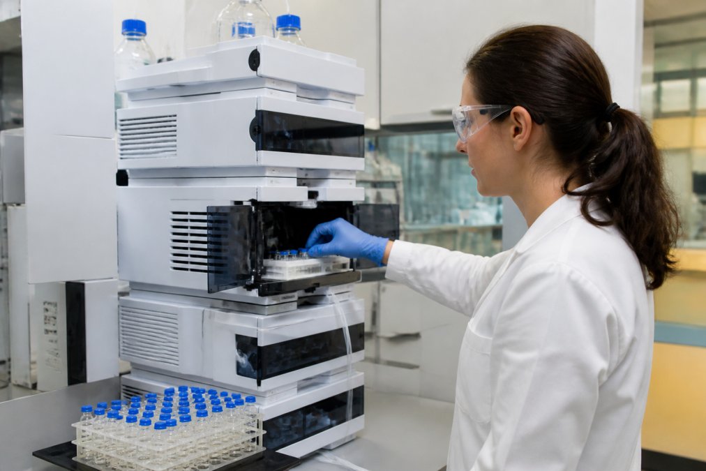 Laboratoriumtechnicus die met HPLC-apparatuur werkt, met chromatografische printouts en peptidemonsters op het werkblad