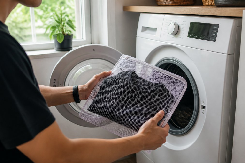 Iemand die voorzichtig een zwart premium streetwear t-shirt in een mesh waszak legt voordat het in de wasmachine gaat, met zacht natuurlijk licht uit een raam