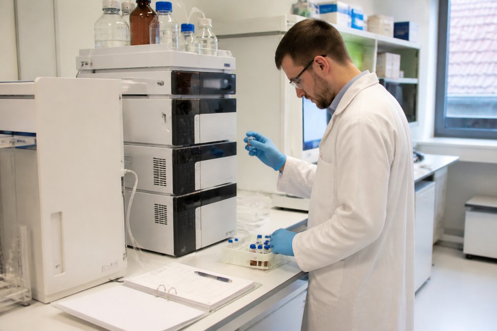 Onderzoeker analyseert peptide-samples via HPLC-apparatuur om kwaliteitsverschillen tussen leveranciers te testen