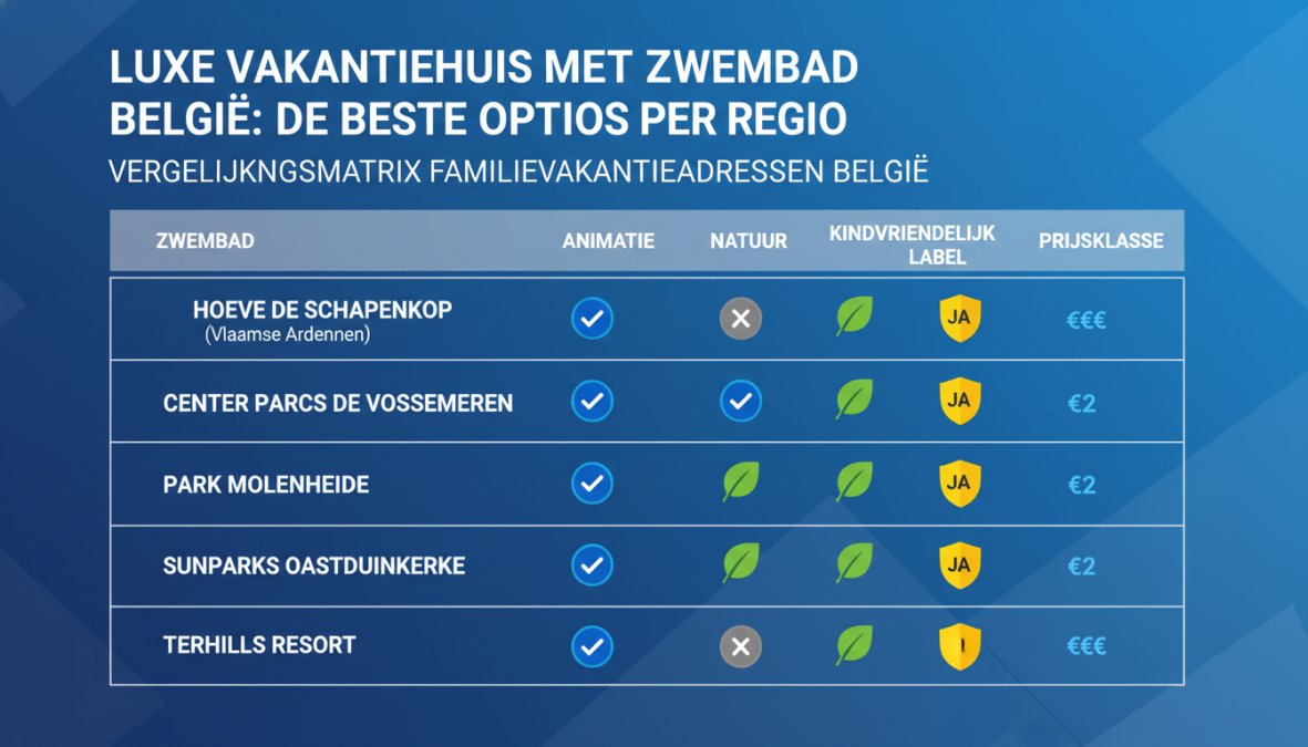 Vergelijkingsmatrix van 5 familievakantieadressen in België: Hoeve de Schapenkop (Vlaamse Ardennen), Center Parcs De Vossemeren, Park Molenheide, Sunparks Oostduinkerke, Terhills Resort - kolommen tonen Zwembad, Animatie, Natuur, Kindvriendelijk label, Prijsklasse (€/€€/€€€)
