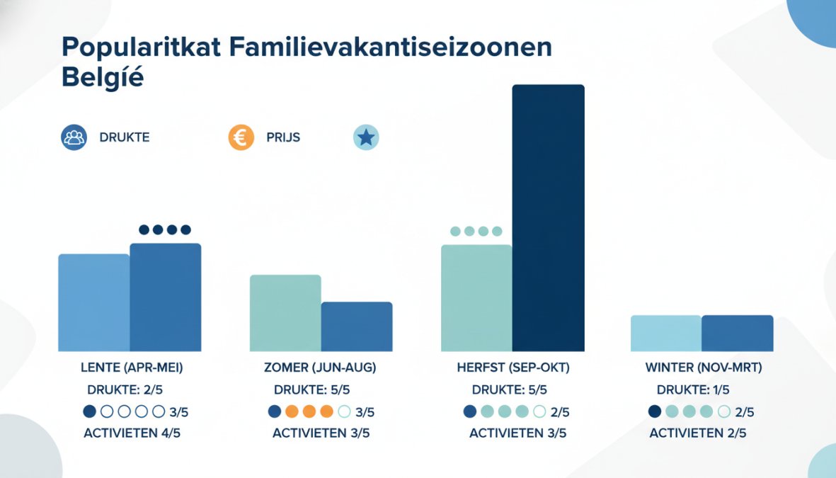 Staafdiagram met populariteit van familievakantieseizoenen in België: lente april-mei (drukte 2/5, prijs 3/5, activiteiten 4/5), zomer juni-aug (drukte 5/5, prijs 5/5, activiteiten 5/5), herfst sept-okt (drukte 2/5, prijs 2/5, activiteiten 3/5), winter nov-mrt (drukte 1/5, prijs 1/5, activiteiten 2/5)