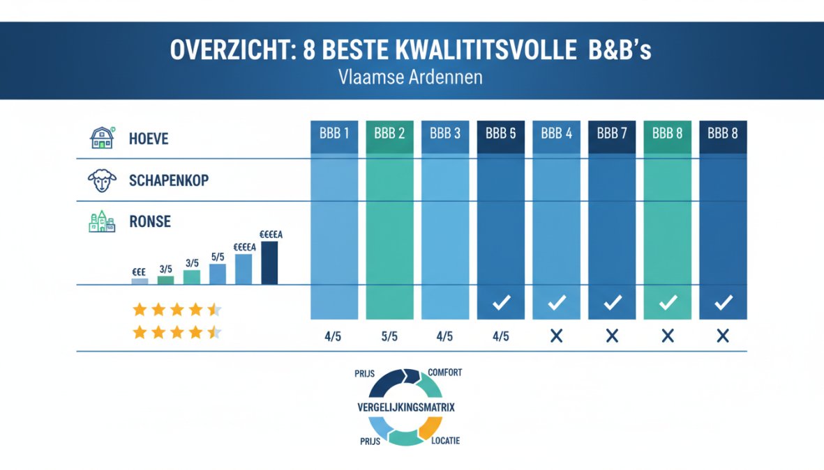 Vergelijkingsmatrix van 8 B&B's in de Vlaamse Ardennen: Hoeve de Schapenkop (Ronse, gezin, Green Key, budget-midden), La Petite Bruyère (Ronse, koppel, wellness, luxe), De Brakelhoen (Brakel, koppel, boutique, luxe), B&B Sett (Horebeke, fietser, wellness, €220+/nacht), In de Gloria (stiltegebied, rustzoekers, sauna, midden), Het Stille Genoegen (taalgrens, rustzoekers, zwembad, midden), De Volle Maan (geitenboerderij, gezin, biologisch, budget), La Cereza (koppel, privé-wellness, jacuzzi, luxe)