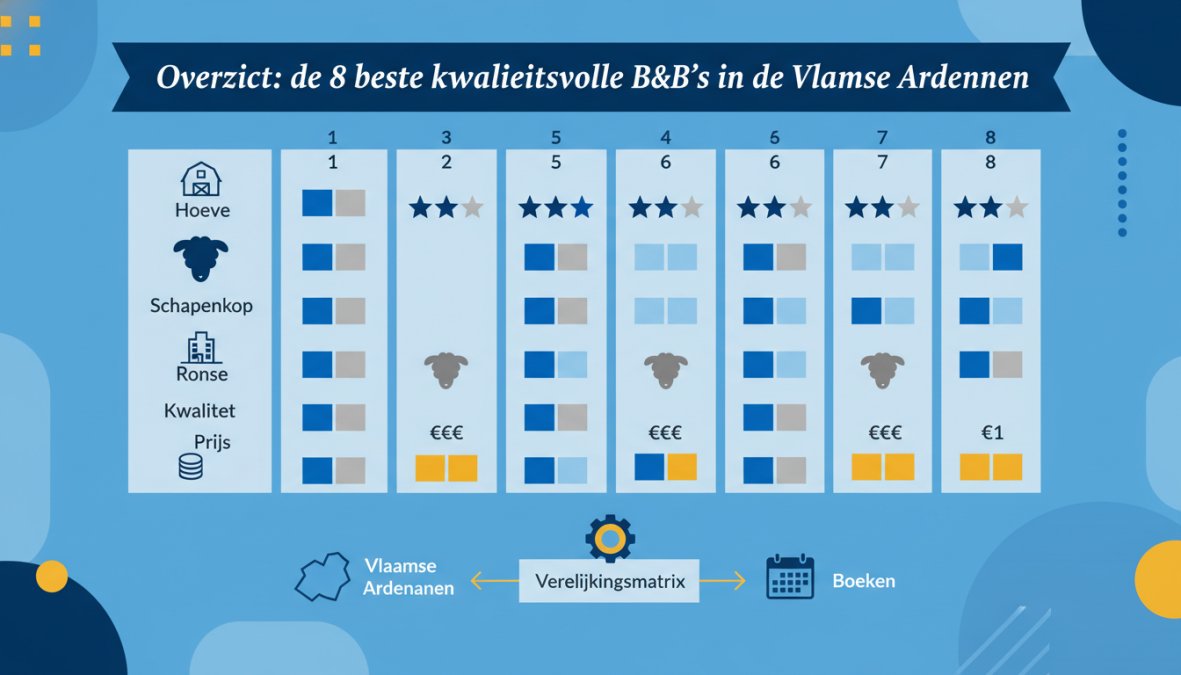 Prijsvergelijkingstabel van wellness-B&B's in de Vlaamse Ardennen met kolommen voor naam, prijs per nacht, inbegrepen wellnessfaciliteiten, exclusief gebruik ja/nee, en bijzondere kenmerken